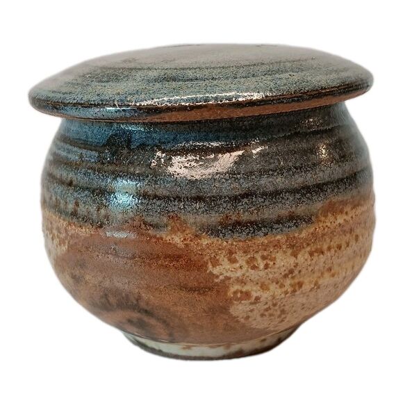 Sherwood Pottery Blue Lidded Jar Brown Swirl Jam Jar Or Trinket Box 3.5" x 2.5" - Picture 2 of 12